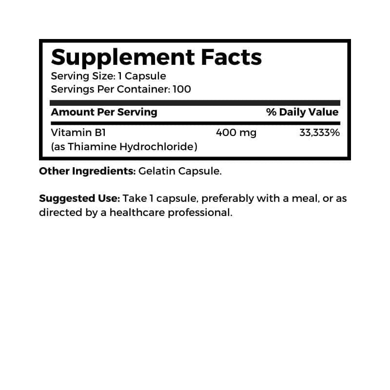 Vitamin B1 (Thiamin), 400 mg 100 capsules